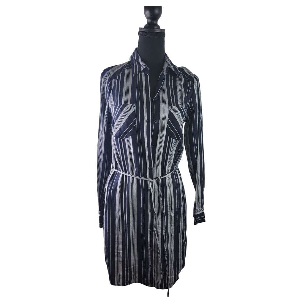 Merona Womens Navy White Striped Long Sleeve Button Front Shirt‎ Dress NWT XS